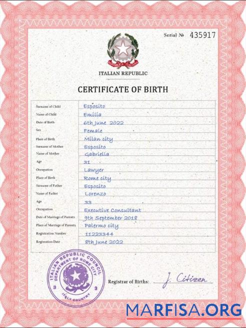 Realistic Italy birth certificate PSD template